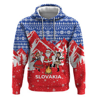 Slovakia Christmas Zip Hoodie with Santa and Dancers by Campfire Snowy Mountains and Red Blue Snowflake Pattern Design - Wonder Print Shop