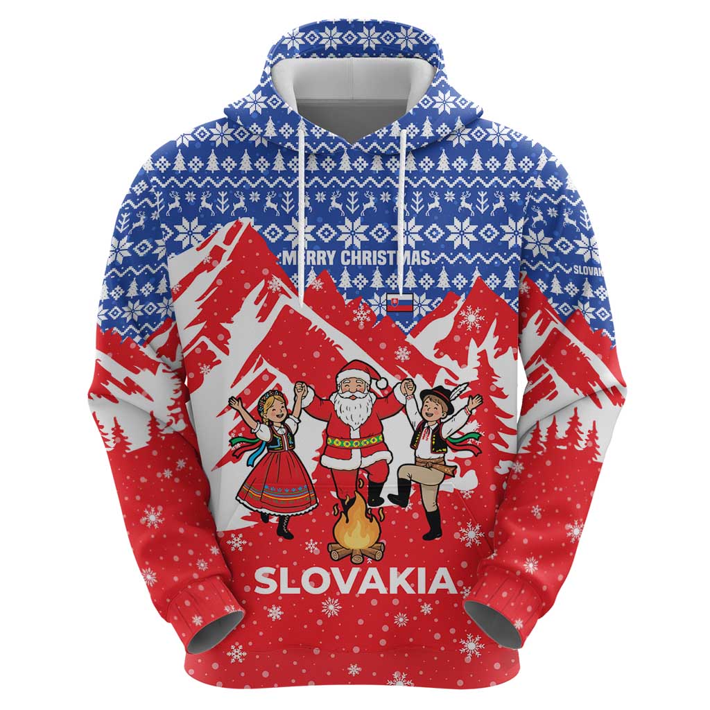Slovakia Christmas Zip Hoodie with Santa and Dancers by Campfire Snowy Mountains and Red Blue Snowflake Pattern Design - Wonder Print Shop