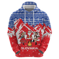 Slovakia Christmas Zip Hoodie with Santa and Dancers by Campfire Snowy Mountains and Red Blue Snowflake Pattern Design - Wonder Print Shop