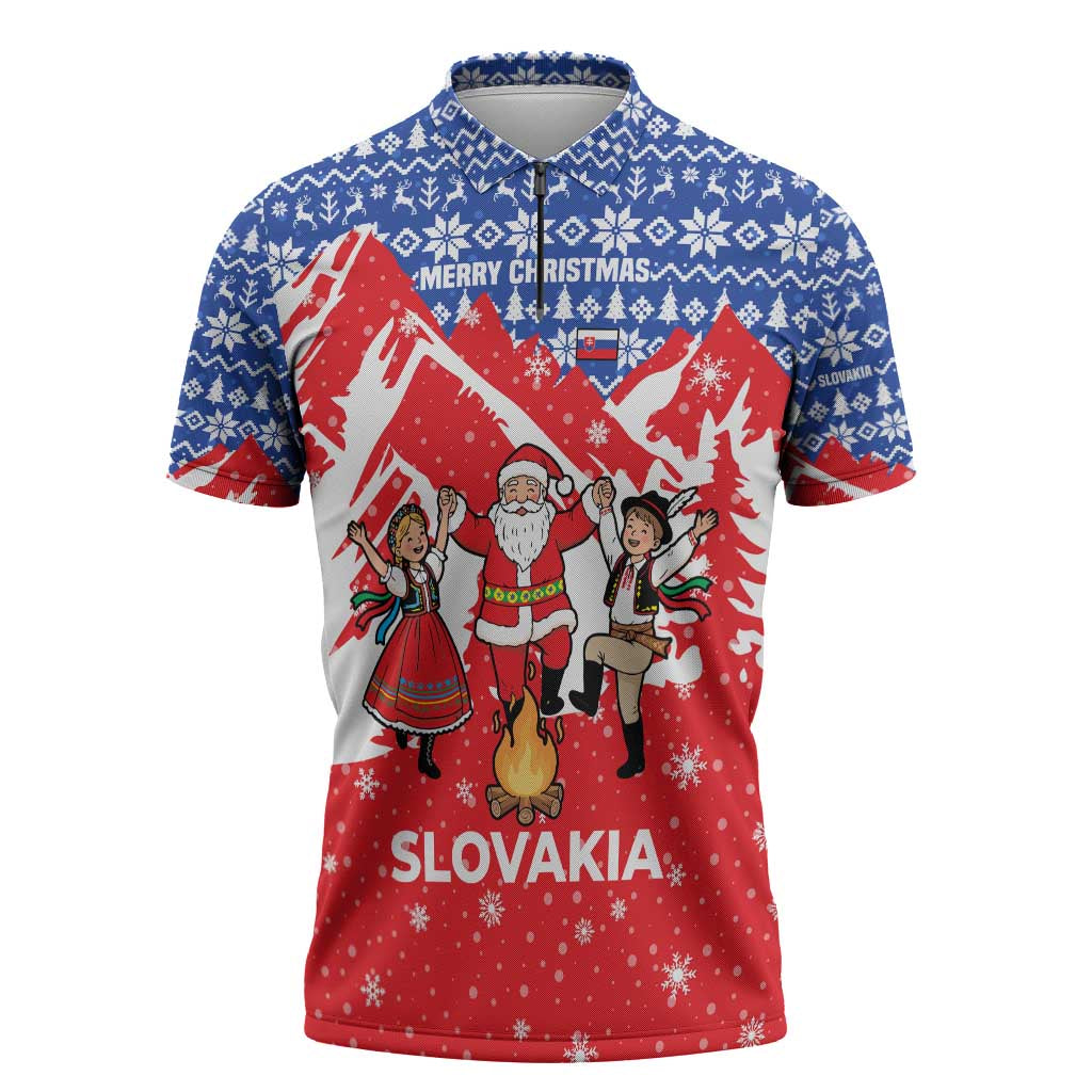 Slovakia Christmas Zipper Polo Shirt with Santa and Dancers by Campfire Snowy Mountains and Red Blue Snowflake Pattern Design - Wonder Print Shop