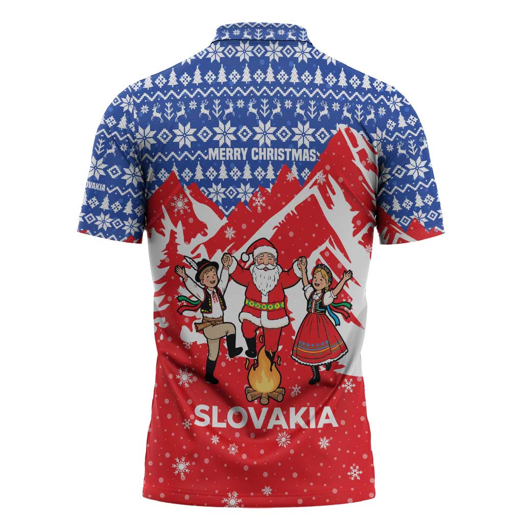 Slovakia Christmas Zipper Polo Shirt with Santa and Dancers by Campfire Snowy Mountains and Red Blue Snowflake Pattern Design - Wonder Print Shop
