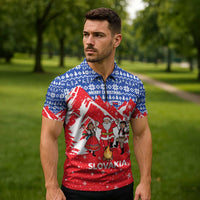 Slovakia Christmas Zipper Polo Shirt with Santa and Dancers by Campfire Snowy Mountains and Red Blue Snowflake Pattern Design - Wonder Print Shop