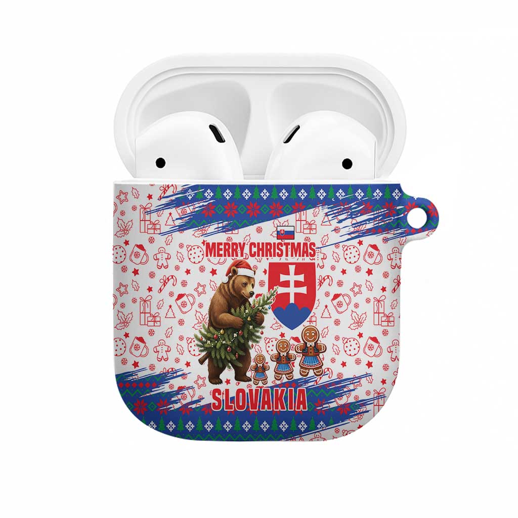Slovakia Christmas AirPods Case with Bear Holding Tree Gingerbread Cookies and Red Blue Snowflake Pattern Design - Wonder Print Shop