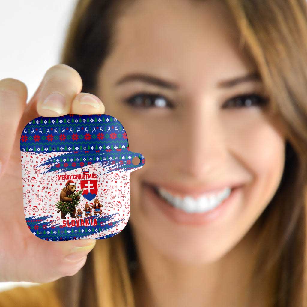 Slovakia Christmas AirPods Case with Bear Holding Tree Gingerbread Cookies and Red Blue Snowflake Pattern Design - Wonder Print Shop