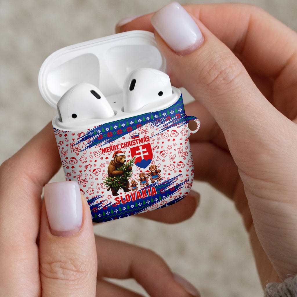 Slovakia Christmas AirPods Case with Bear Holding Tree Gingerbread Cookies and Red Blue Snowflake Pattern Design - Wonder Print Shop