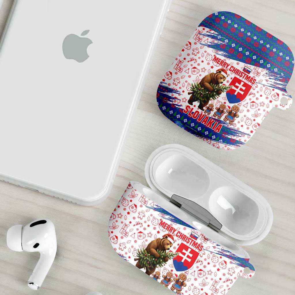Slovakia Christmas AirPods Case with Bear Holding Tree Gingerbread Cookies and Red Blue Snowflake Pattern Design - Wonder Print Shop