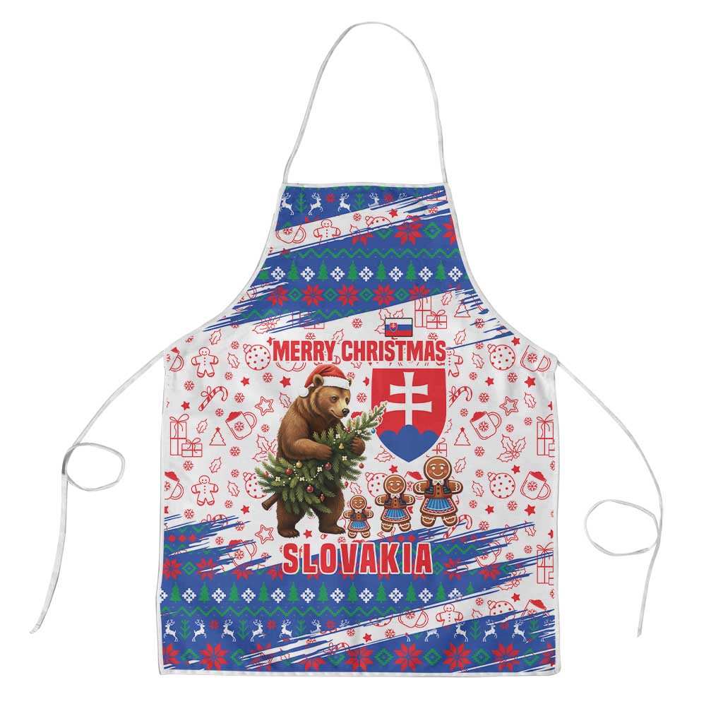 Slovakia Christmas Apron with Bear Holding Tree Gingerbread Cookies and Red Blue Snowflake Pattern Design - Wonder Print Shop