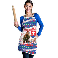 Slovakia Christmas Apron with Bear Holding Tree Gingerbread Cookies and Red Blue Snowflake Pattern Design - Wonder Print Shop