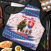 Slovakia Christmas Apron with Bear Holding Tree Gingerbread Cookies and Red Blue Snowflake Pattern Design - Wonder Print Shop