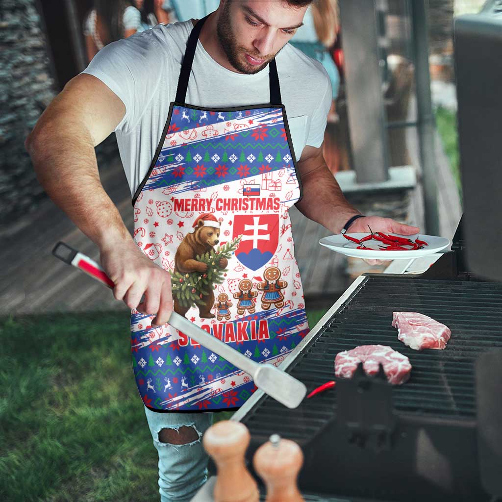 Slovakia Christmas Apron with Bear Holding Tree Gingerbread Cookies and Red Blue Snowflake Pattern Design - Wonder Print Shop