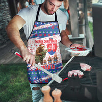 Slovakia Christmas Apron with Bear Holding Tree Gingerbread Cookies and Red Blue Snowflake Pattern Design - Wonder Print Shop