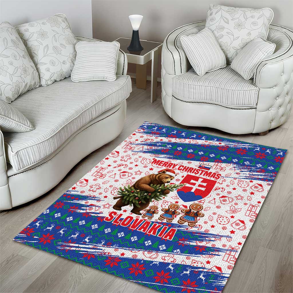 Slovakia Christmas Area Rug with Bear Holding Tree Gingerbread Cookies and Red Blue Snowflake Pattern Design - Wonder Print Shop
