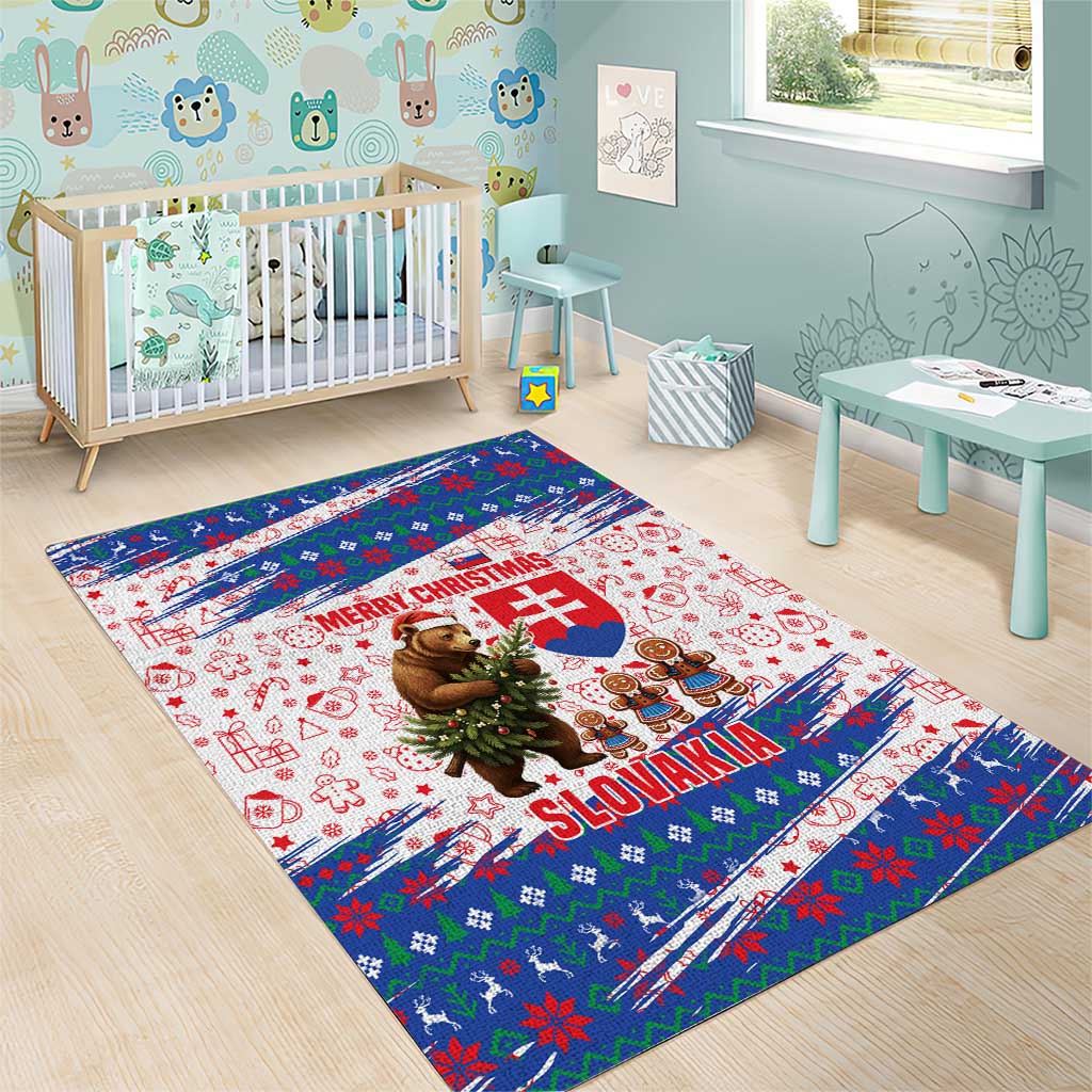Slovakia Christmas Area Rug with Bear Holding Tree Gingerbread Cookies and Red Blue Snowflake Pattern Design - Wonder Print Shop