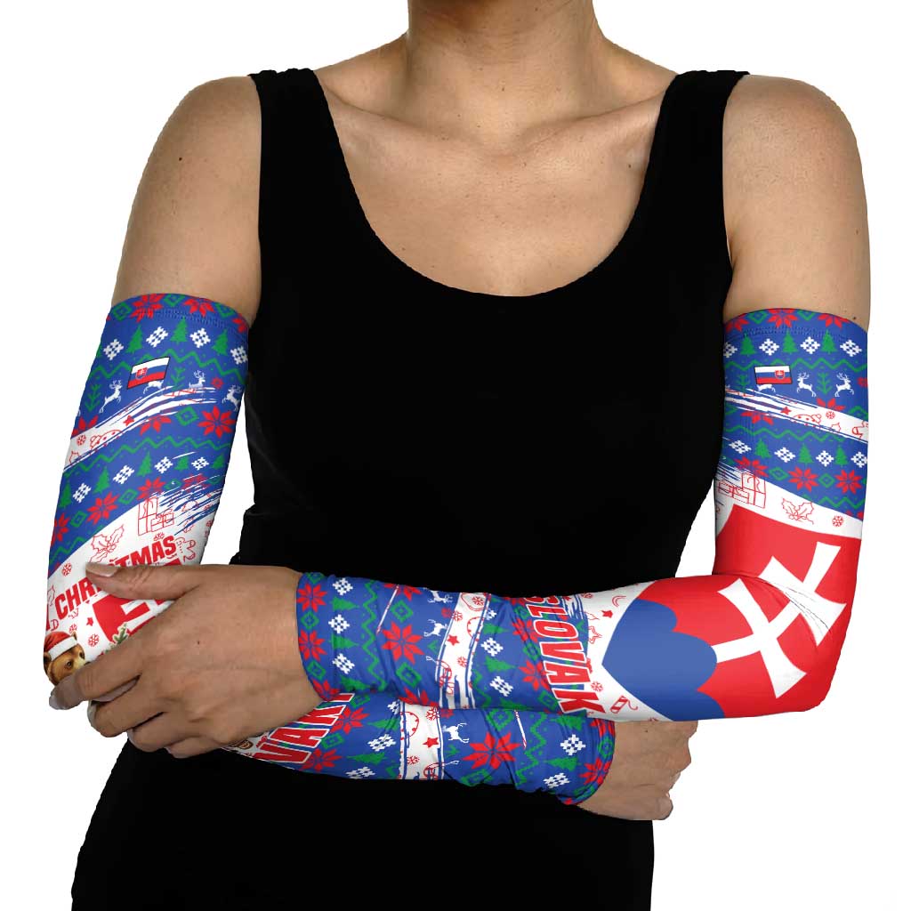 Slovakia Christmas Arm Sleeves with Bear Holding Tree Gingerbread Cookies and Red Blue Snowflake Pattern Design - Wonder Print Shop