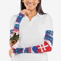 Slovakia Christmas Arm Sleeves with Bear Holding Tree Gingerbread Cookies and Red Blue Snowflake Pattern Design - Wonder Print Shop