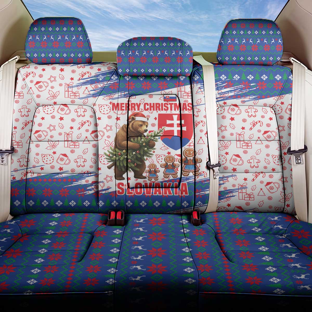 Slovakia Christmas Back Car Seat Cover with Bear Holding Tree Gingerbread Cookies and Red Blue Snowflake Pattern Design - Wonder Print Shop