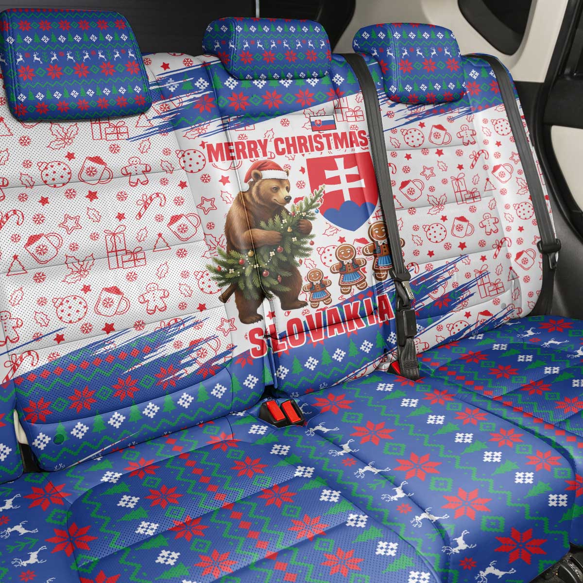 Slovakia Christmas Back Car Seat Cover with Bear Holding Tree Gingerbread Cookies and Red Blue Snowflake Pattern Design - Wonder Print Shop