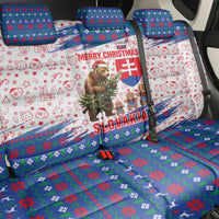 Slovakia Christmas Back Car Seat Cover with Bear Holding Tree Gingerbread Cookies and Red Blue Snowflake Pattern Design - Wonder Print Shop