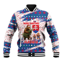Slovakia Christmas Baseball Jacket with Bear Holding Tree Gingerbread Cookies and Red Blue Snowflake Pattern Design - Wonder Print Shop