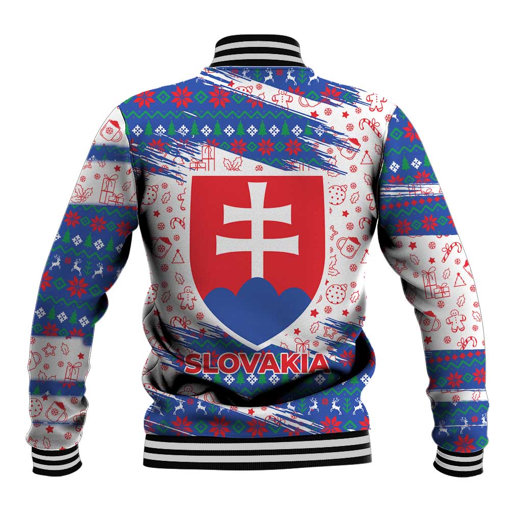 Slovakia Christmas Baseball Jacket with Bear Holding Tree Gingerbread Cookies and Red Blue Snowflake Pattern Design - Wonder Print Shop