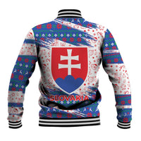 Slovakia Christmas Baseball Jacket with Bear Holding Tree Gingerbread Cookies and Red Blue Snowflake Pattern Design - Wonder Print Shop