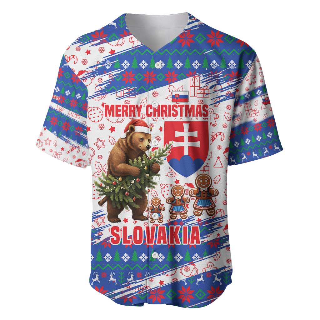 Slovakia Christmas Baseball Jersey with Bear Holding Tree Gingerbread Cookies and Red Blue Snowflake Pattern Design - Wonder Print Shop