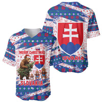 Slovakia Christmas Baseball Jersey with Bear Holding Tree Gingerbread Cookies and Red Blue Snowflake Pattern Design - Wonder Print Shop