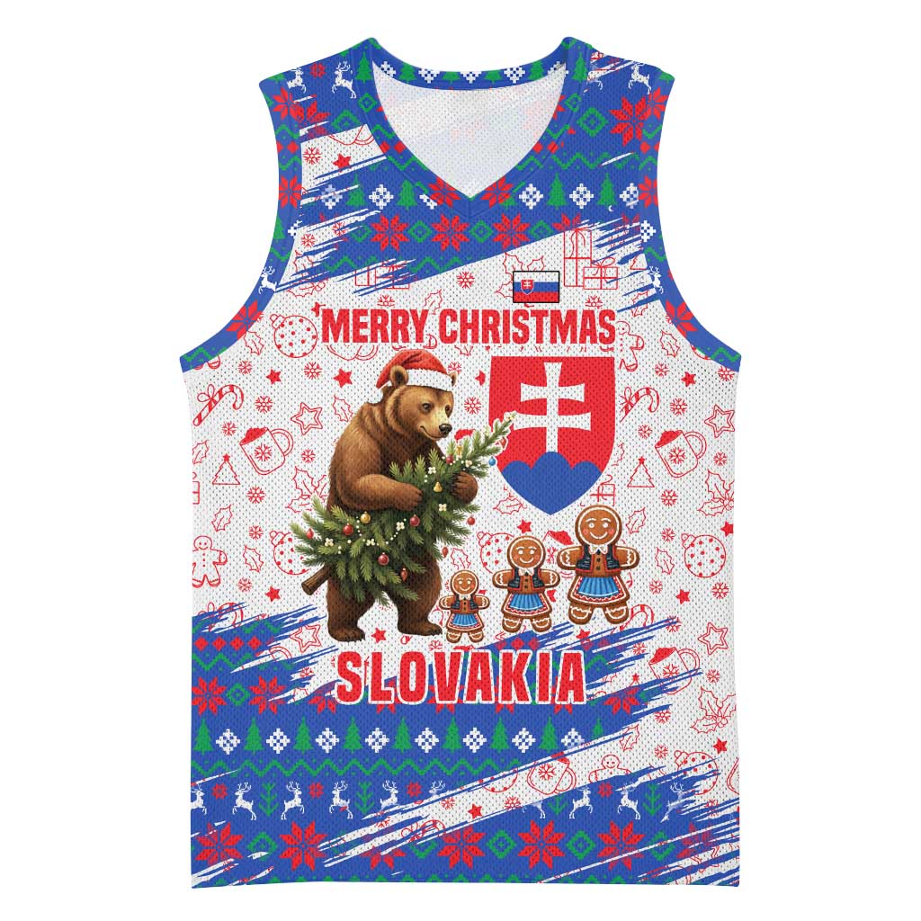 Slovakia Christmas Basketball Jersey with Bear Holding Tree Gingerbread Cookies and Red Blue Snowflake Pattern Design - Wonder Print Shop