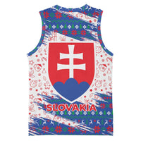 Slovakia Christmas Basketball Jersey with Bear Holding Tree Gingerbread Cookies and Red Blue Snowflake Pattern Design - Wonder Print Shop