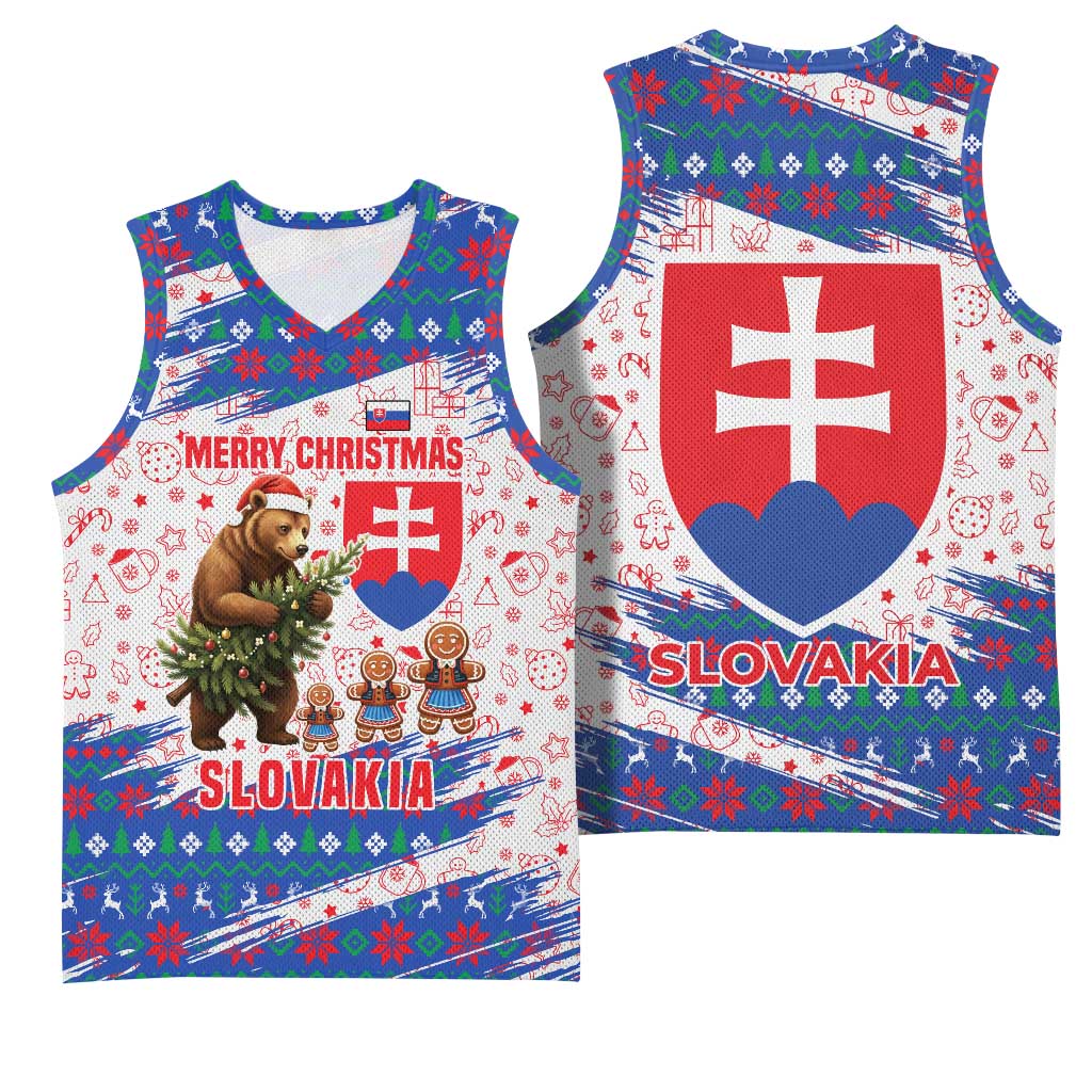 Slovakia Christmas Basketball Jersey with Bear Holding Tree Gingerbread Cookies and Red Blue Snowflake Pattern Design - Wonder Print Shop