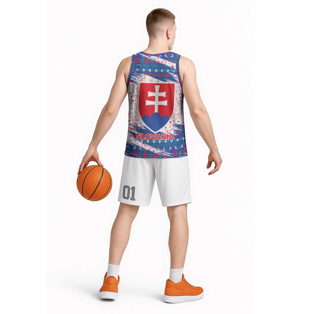 Slovakia Christmas Basketball Jersey with Bear Holding Tree Gingerbread Cookies and Red Blue Snowflake Pattern Design - Wonder Print Shop
