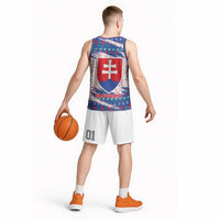 Slovakia Christmas Basketball Jersey with Bear Holding Tree Gingerbread Cookies and Red Blue Snowflake Pattern Design - Wonder Print Shop