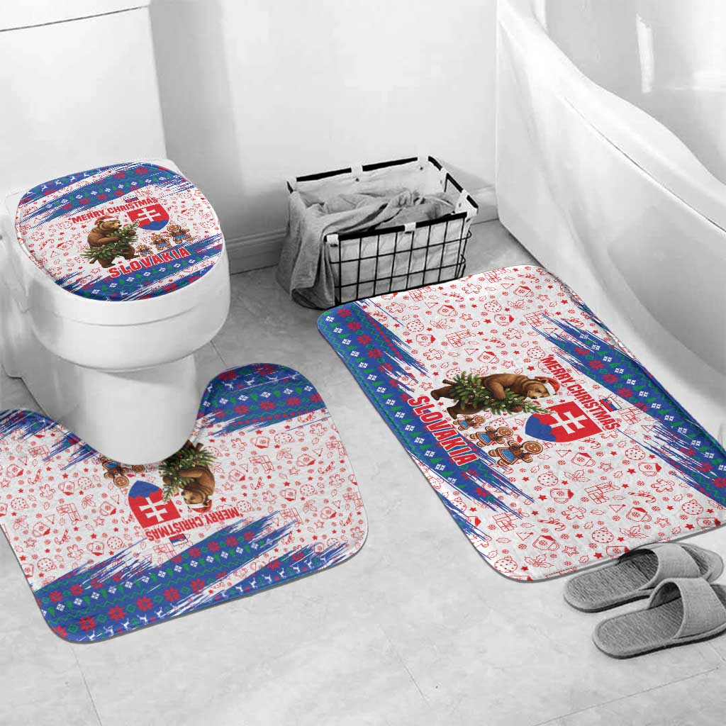 Slovakia Christmas Bathroom Set with Bear Holding Tree Gingerbread Cookies and Red Blue Snowflake Pattern Design - Wonder Print Shop