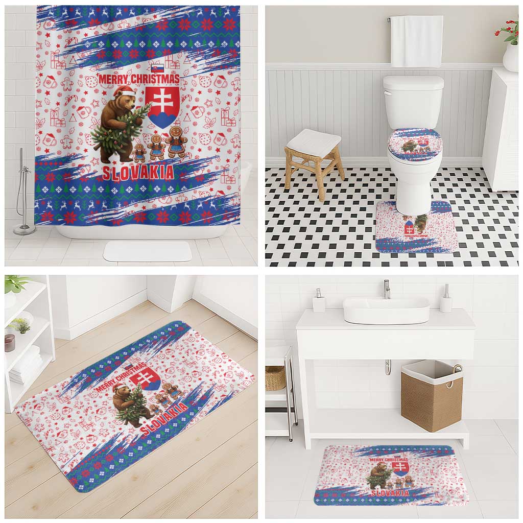 Slovakia Christmas Bathroom Set with Bear Holding Tree Gingerbread Cookies and Red Blue Snowflake Pattern Design - Wonder Print Shop