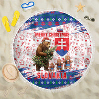 Slovakia Christmas Beach Blanket with Bear Holding Tree Gingerbread Cookies and Red Blue Snowflake Pattern Design - Wonder Print Shop