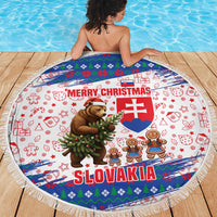 Slovakia Christmas Beach Blanket with Bear Holding Tree Gingerbread Cookies and Red Blue Snowflake Pattern Design - Wonder Print Shop