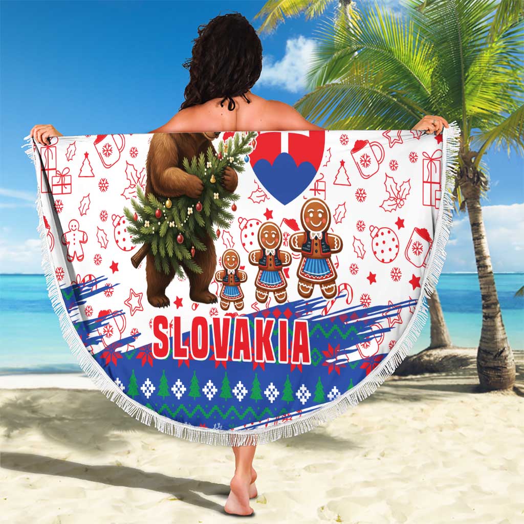 Slovakia Christmas Beach Blanket with Bear Holding Tree Gingerbread Cookies and Red Blue Snowflake Pattern Design - Wonder Print Shop