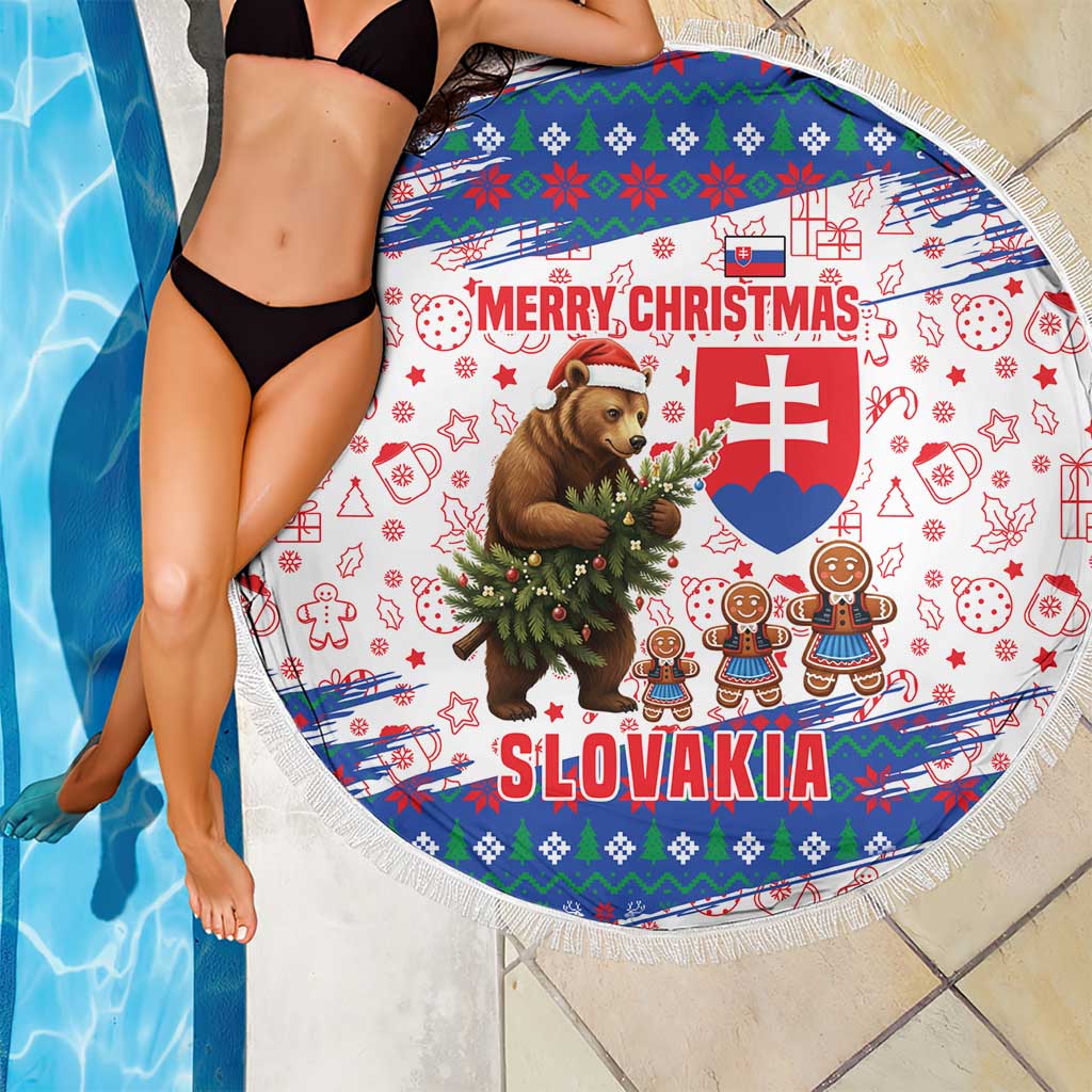 Slovakia Christmas Beach Blanket with Bear Holding Tree Gingerbread Cookies and Red Blue Snowflake Pattern Design - Wonder Print Shop