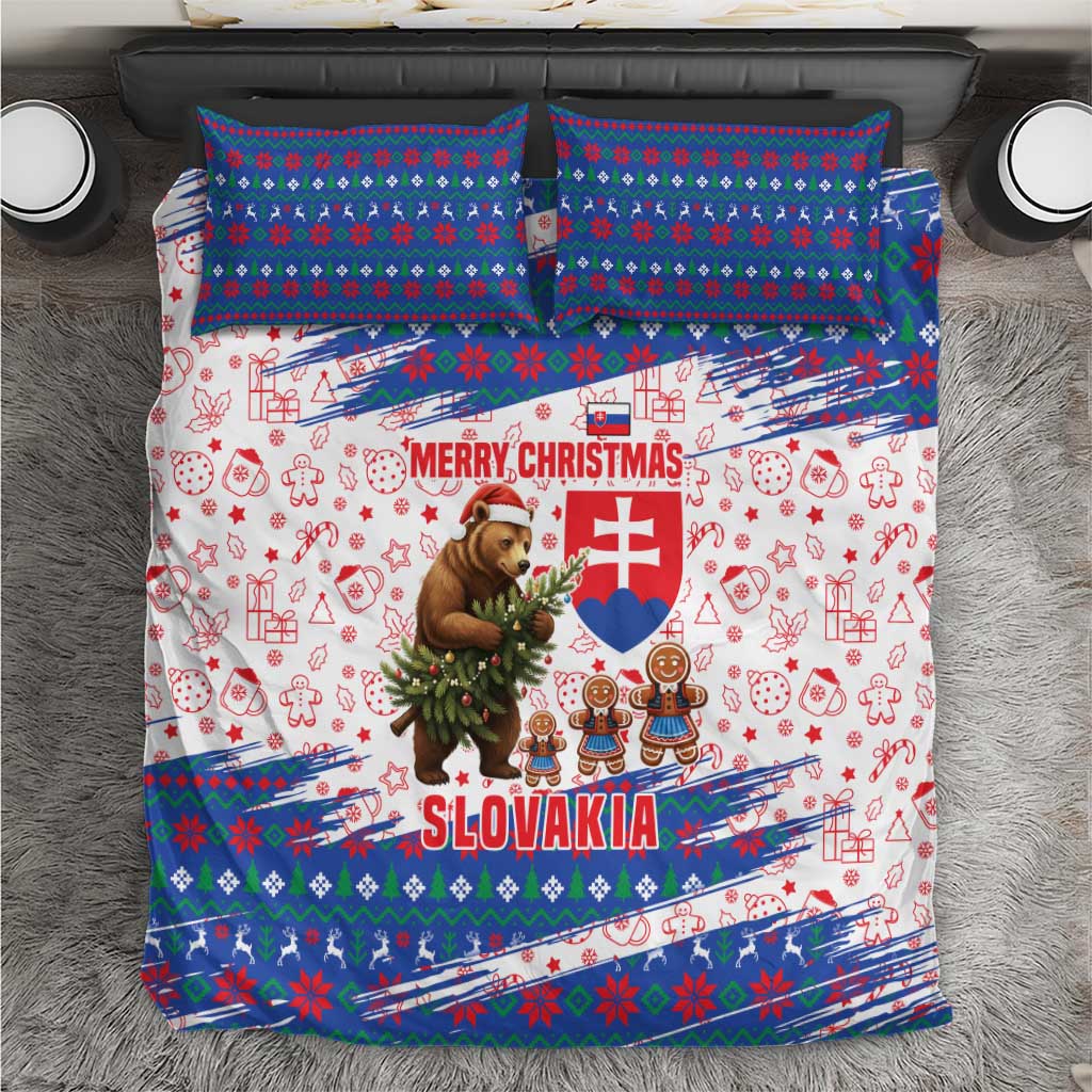 Slovakia Christmas Bedding Set with Bear Holding Tree Gingerbread Cookies and Red Blue Snowflake Pattern Design - Wonder Print Shop
