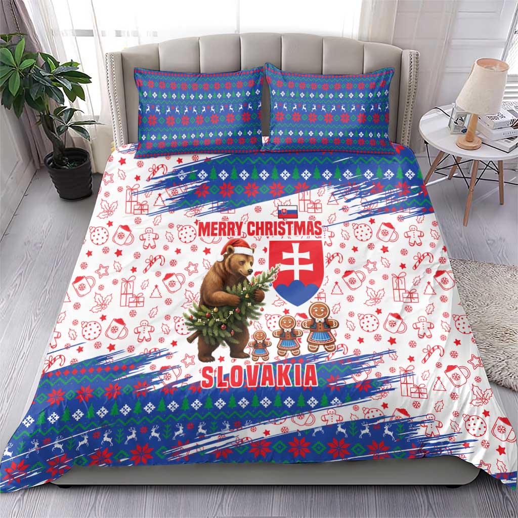 Slovakia Christmas Bedding Set with Bear Holding Tree Gingerbread Cookies and Red Blue Snowflake Pattern Design - Wonder Print Shop
