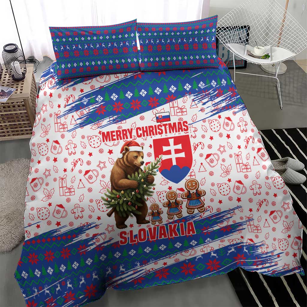 Slovakia Christmas Bedding Set with Bear Holding Tree Gingerbread Cookies and Red Blue Snowflake Pattern Design - Wonder Print Shop