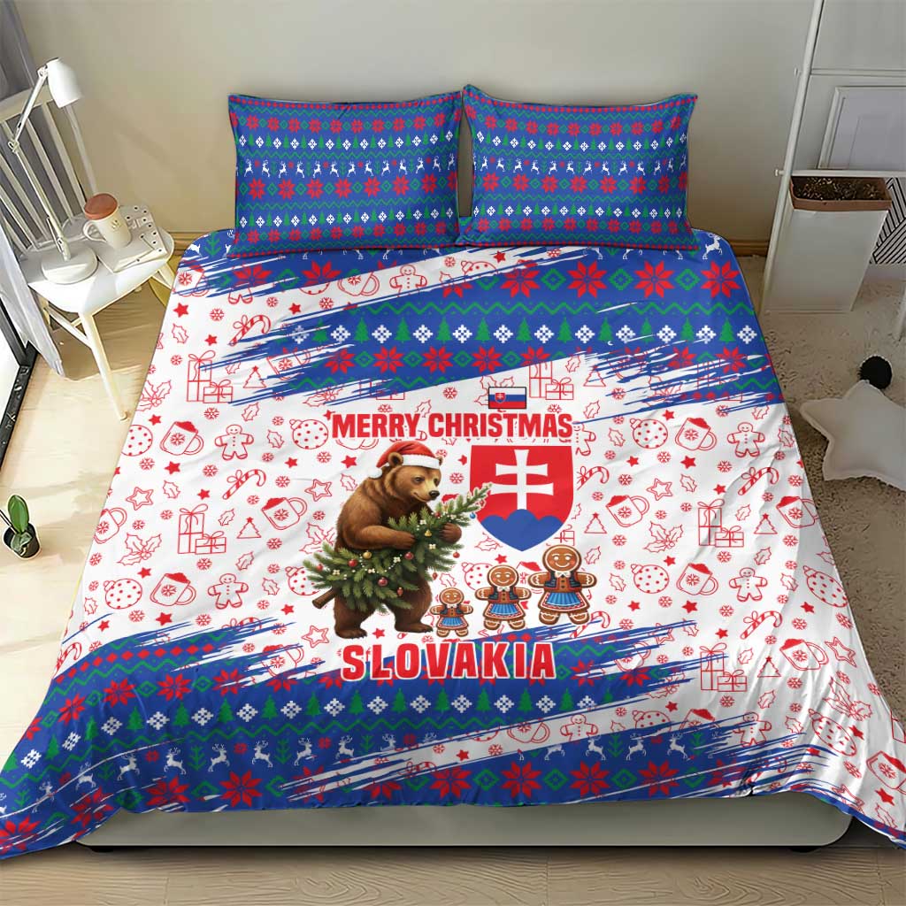 Slovakia Christmas Bedding Set with Bear Holding Tree Gingerbread Cookies and Red Blue Snowflake Pattern Design - Wonder Print Shop
