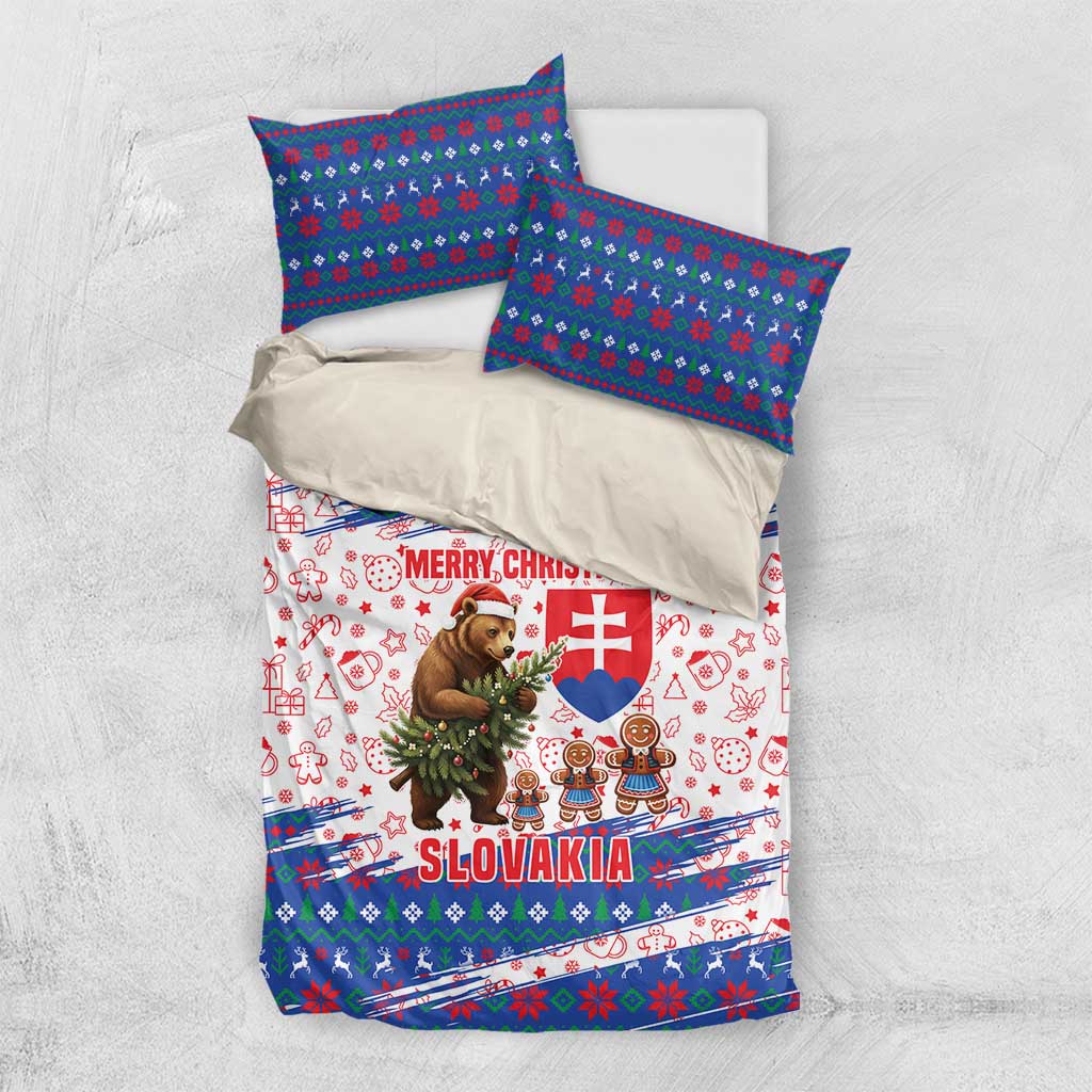 Slovakia Christmas Bedding Set with Bear Holding Tree Gingerbread Cookies and Red Blue Snowflake Pattern Design - Wonder Print Shop