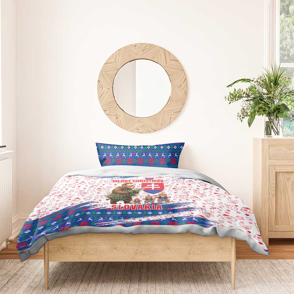 Slovakia Christmas Bedding Set with Bear Holding Tree Gingerbread Cookies and Red Blue Snowflake Pattern Design - Wonder Print Shop