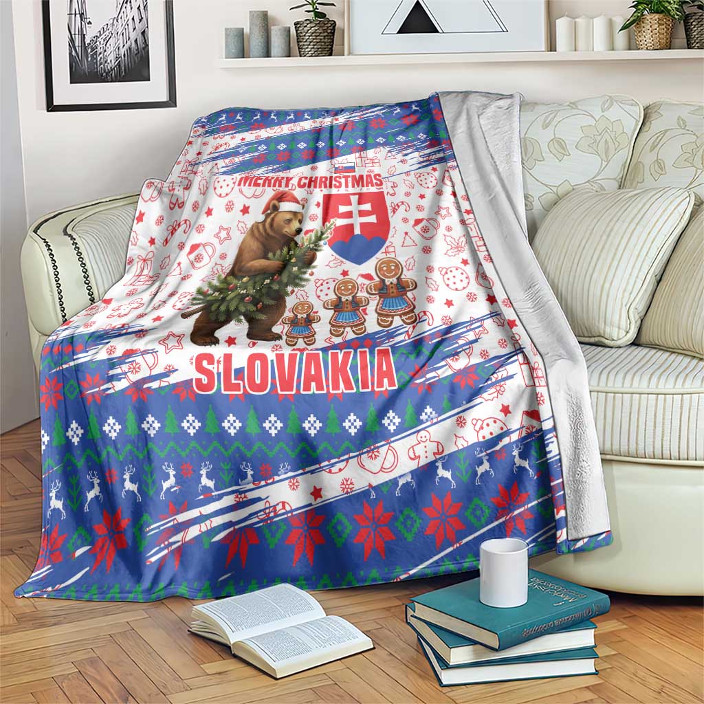 Slovakia Christmas Blanket with Bear Holding Tree Gingerbread Cookies and Red Blue Snowflake Pattern Design - Wonder Print Shop