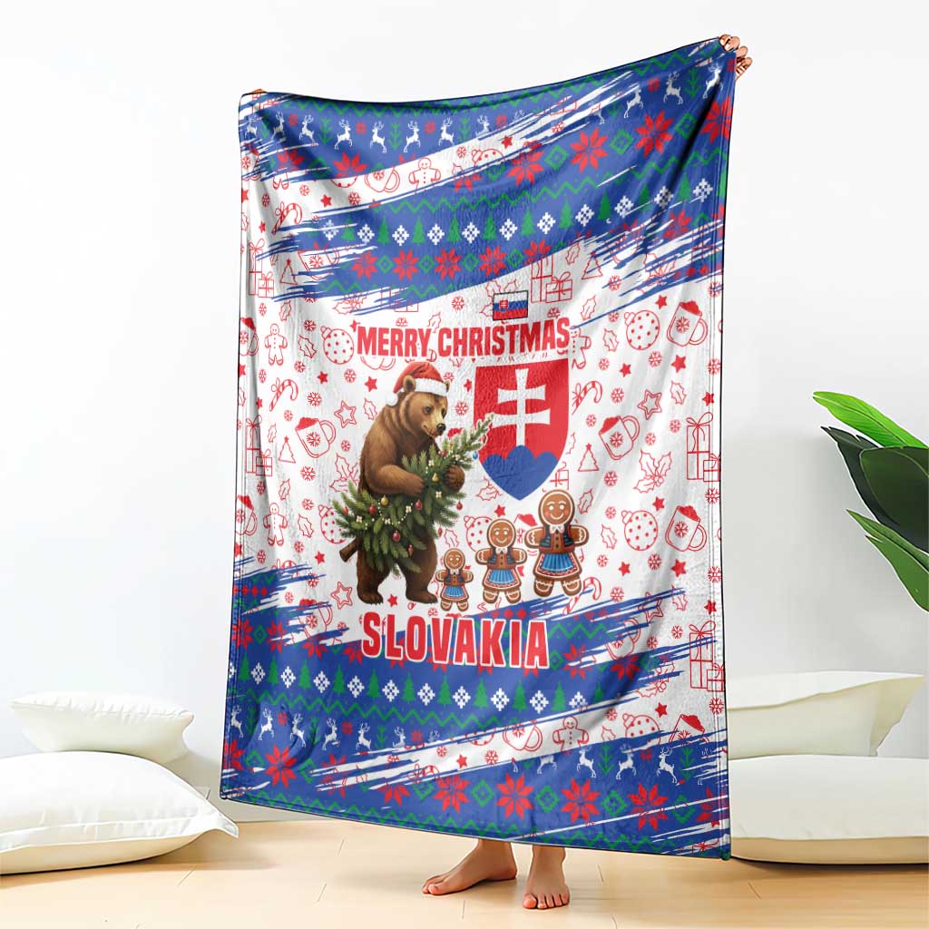 Slovakia Christmas Blanket with Bear Holding Tree Gingerbread Cookies and Red Blue Snowflake Pattern Design - Wonder Print Shop