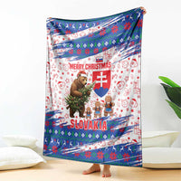 Slovakia Christmas Blanket with Bear Holding Tree Gingerbread Cookies and Red Blue Snowflake Pattern Design - Wonder Print Shop
