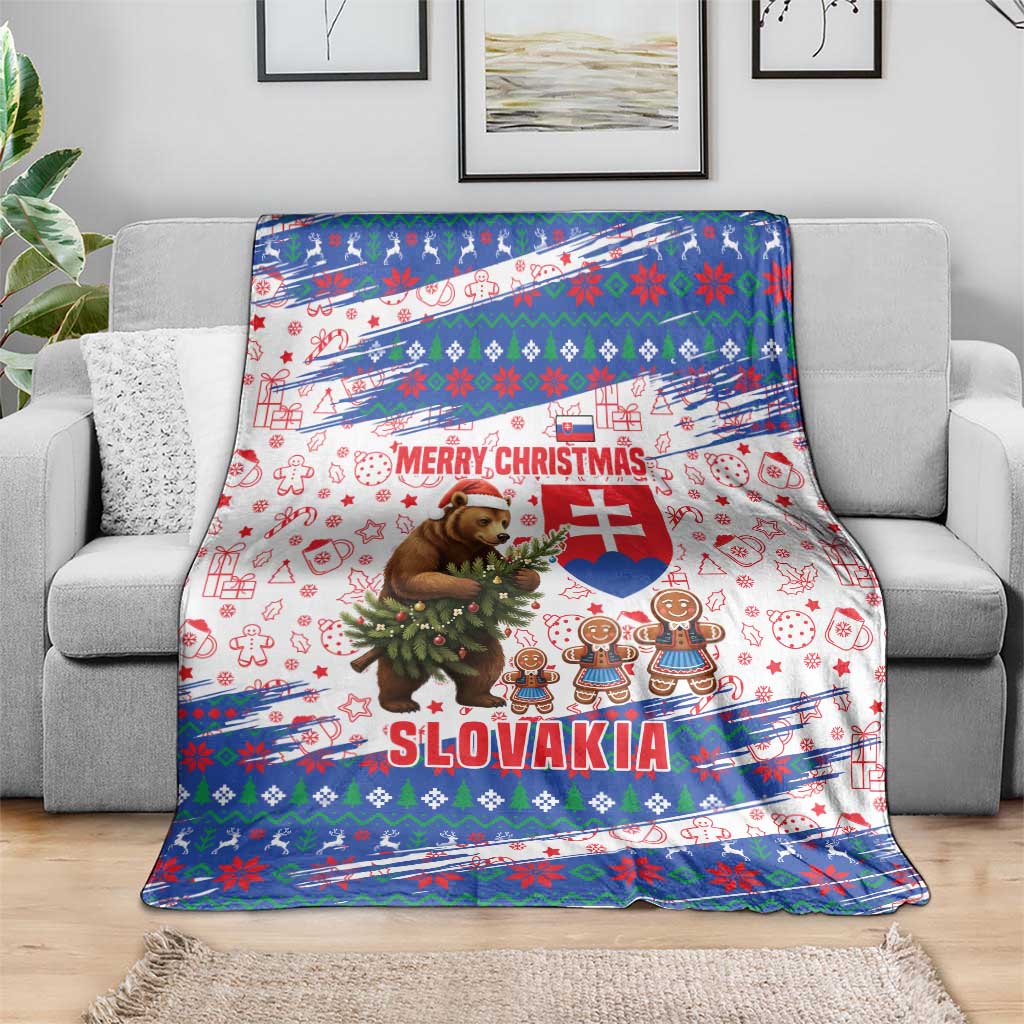 Slovakia Christmas Blanket with Bear Holding Tree Gingerbread Cookies and Red Blue Snowflake Pattern Design - Wonder Print Shop