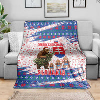 Slovakia Christmas Blanket with Bear Holding Tree Gingerbread Cookies and Red Blue Snowflake Pattern Design - Wonder Print Shop
