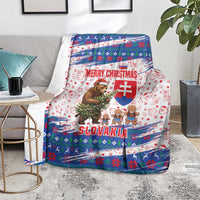 Slovakia Christmas Blanket with Bear Holding Tree Gingerbread Cookies and Red Blue Snowflake Pattern Design - Wonder Print Shop